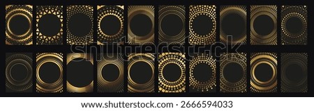 Set of round shaped frames. Golden halftone circle logo. Luxury design emblem.