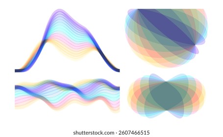Set of round shapes created from overlapping translucent elements. A wavy signal waveform. Abstract geometric design. Vector for brochure, banner, cover, postcard, flyer or presentation.