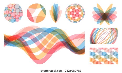 Set of round shapes created from overlapping translucent elements. A wavy signal waveform. Abstract geometric design. Vector for brochure, banner, cover, postcard, flyer or presentation.