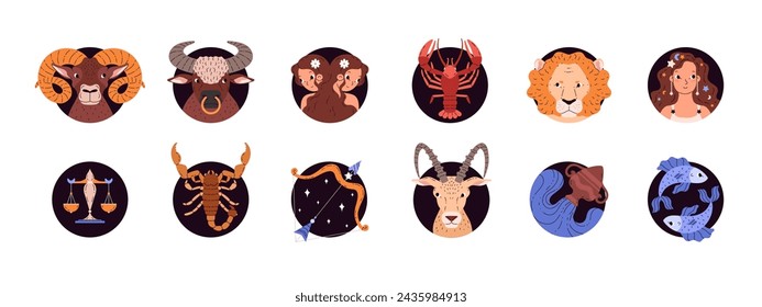 Set of round shapes with different zodiac signs flat style, vector illustration isolated on white background. Decorative design elements collection, astrology and esoteric