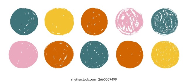 Set of round shapes in a hand-drawn crayon sketch style, perfect as colorful design elements, labels, or abstract backgrounds for creative projects, vector illustration.