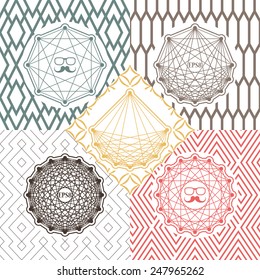 Set of round shapes and icons on backgrounds with geometrical pattern. Simple monochrome concepts. Vector illustration. 