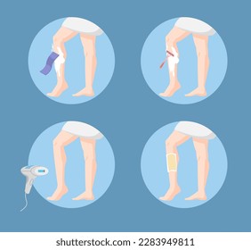 Runde Formen mit Beinen und verschiedene Methoden der Haarentfernung flach, Vektorgrafik einzeln auf blauem Hintergrund. Rasierapparat, Wachsstreifen, Fotoepilation