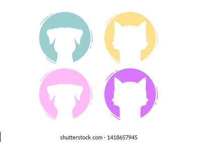 Set of round shapes with pets in pastel colors. Isolated circles with domestic animals silhouettes inside. Vector cat and dog heads logo.