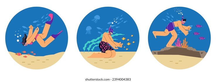 Set of round shapes with snorkeling people scenes flat style, vector illustration isolated on white background. Decorative design elements collection, hobby and recreation