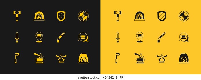 Set Escudo redondo, yunque y martillo, antorcha de soldadura, herramienta yunque herrero, escudo, martillo e icono de horno. Vector