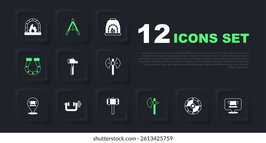 Set Round shield, Blacksmith anvil tool, Hammer, Medieval axe, Horseshoe, Clamp and screw, Air blower bellows and Sledgehammer icon. Vector