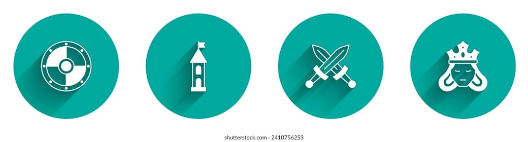Set Redondo, torre del castillo, espada medieval cruzada e icono de la reina Princesa con sombra larga. Vector