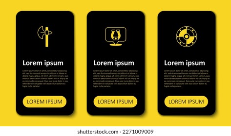 Juego de escudos redondos, herradura y hacha medieval. Plantilla de infografía empresarial. Vector