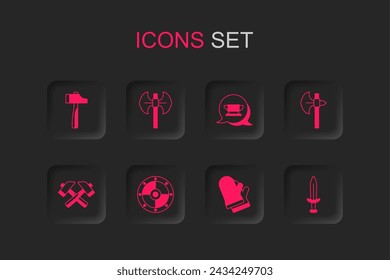 Set Round shield, Medieval poleaxe, Hammer, Protective gloves, sword, Blacksmith anvil tool and Crossed hammer icon. Vector