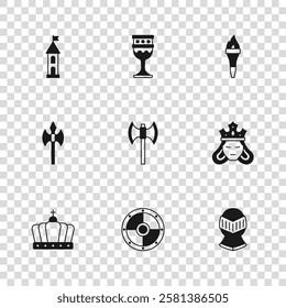 Set Round shield, Princess or queen, Medieval helmet, poleaxe, Torch flame, Castle tower, goblet and  icon. Vector