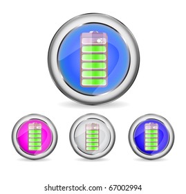 set of round shiny buttons with battery icon isolated on white background