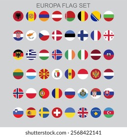 Set of round shiny flags of all sovereign countries of Europe with titles in alphabetical order. Vector illustration