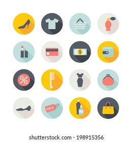 set of round shopping icons with shadows