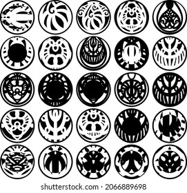 Un conjunto de siluetas redondeadas. Impresiones de patrones redondos. Dibujos monocromos para crear una máscara. Para imprimir en anillos de llaves, tazas y joyas. Insignias, emblemas y logos. Diseñar espacios en blanco.