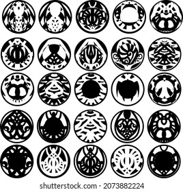 A set of round silhouettes .Prints of round patterns. Monochrome drawings to create a mask. For printing on key rings, mugs and jewelry. Badges, emblems and logos. Design blanks. Stamp, seal.