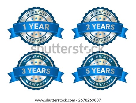 Set of Round silver medal with award blue ribbon, warranty badge icon with 1,2,3,5 years guarantee label, quality assurance seal and certification emblem isolated on white background. Vector EPS10
