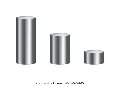 Set of round silver podiums of different heights isolated on white background. Can be used for product demonstration. Realistic vector illustration.