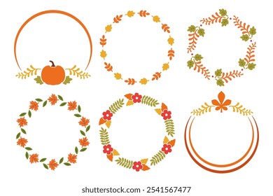 Set of round simple autumn frames with leaves in flat style. Circle shape vector design. Thanksgiving border template. Fall decorative elements for greeting card, invitation, banner, poster