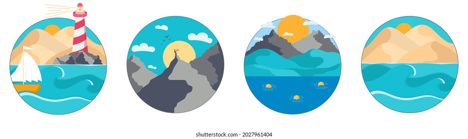Conjunto de un paisaje redondo y simple de colinas desérticas, faro, barco hacia el océano, montaña, colinas, plantilla de fondo. Ilustración vectorial en un estilo plano. Ilustración del vector