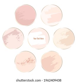 Set Of Round Social Media Icons On A White Background. Gold Line Round Frame, Pastel Pink, Peach, Nude Stains, Brush Strokes. Vector Design Template For Story Highlight Covers. 