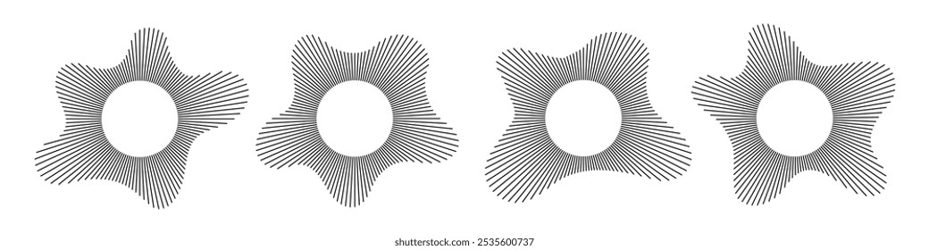 Conjunto de ondas sonoras redondas en círculos. Rayos circulares de la música, iconos del vector de las ondas