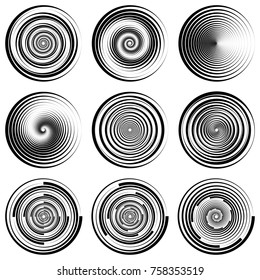 Set round spiral circle filigree watermark, vector EPS dynamic swoosh, template logo counterfeit protection, spiral swirl whirlpool