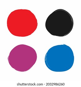 Conjunto de puntos redondos dibujados a mano con un pincel áspero. Grunge, acuarela, pintura. Elementos rojos, negros, morados y azules. Ilustración vectorial.