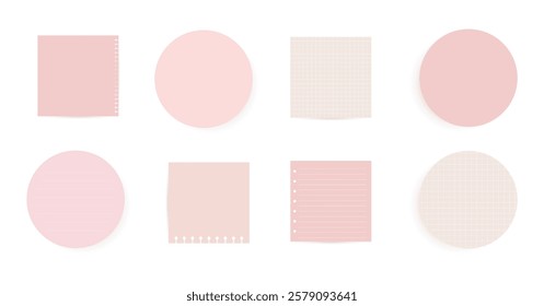 Set round, square adhesive stickers. Colored realistic paper with  checkered,striped marks, blank layout for any notes. Vector illustration on white background