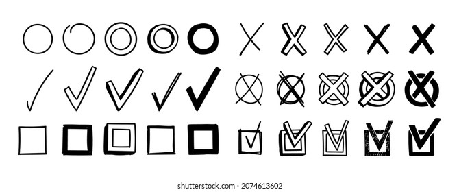 Un conjunto de cuadros de verificación redondos y cuadrados. Círculos y marcos dibujados a mano en blanco. Ilustración del vector de colección de diferentes signos de elección correcta o incorrecta, realizada o tachada para crear.