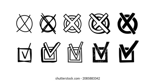 A set of round and square doodle checkboxes. Hand-drawn scribble check marks and crossed out circles. Vector illustration of different signs of right or wrong choice, done or crossed out.