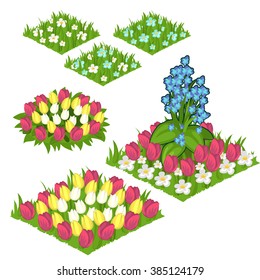 Set of round and square flower beds with tulips and meadow flowers. Vector illustration.