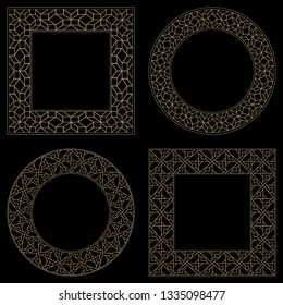 Set of a round and square frames. Round flower ornaments. Vintage frame. Greeting card wedding Invitation. Retro style. Monogram decorative framework. Vector logo template, stickers and badges