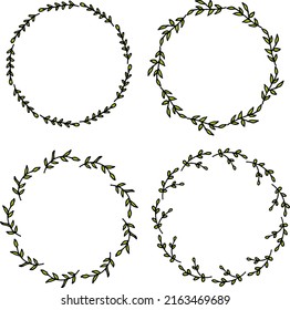 Set of round and square frames with positive green leaves on white background. Vector image.
