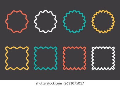 Set of round and square frames with wavy edges. Wavy scalloped  frames. Frames with wavy borders. Vector vintage frames for photos, text boxes, labels.