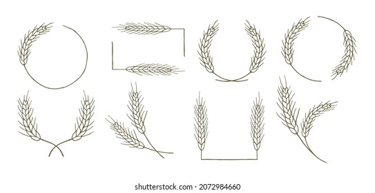 Set of round and square frames, wreaths, ears of wheat. Design for decoration. Vector illustration.