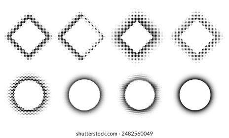 Set of round square halftone frames. Dotted abstract shapes with empty space for text.