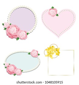 Set of round, square, oval and heart frames with flowers and beads.Delicate wedding floral vector design frame. Pink rose flowers. Colorful objects set.  