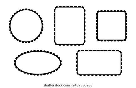 Set of round, square, rectangle and oval frames with wiggly borders. Tags, labels, stickers, text boxes templates with scallop edges isolated on white background. Vector graphic illustration.