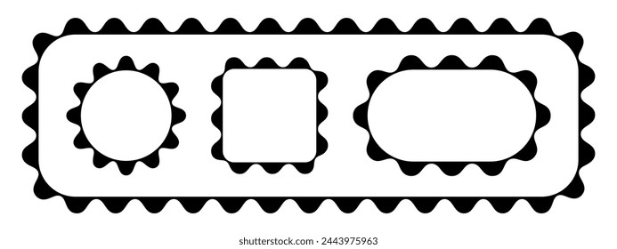 Set of round, square, rectangle and oval frames with scalloped borders. Tags, labels, stickers or text boxes templates with wavy edges isolated on white background. Vector graphic illustration.