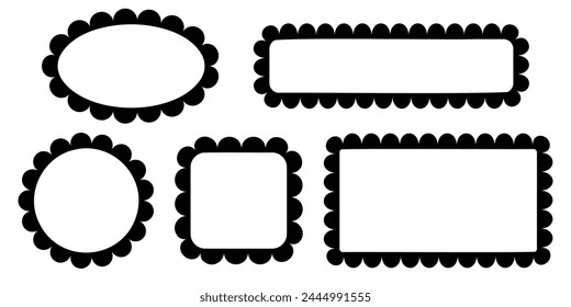 Set of round, square, rectangle and oval frames with scallop borders. Tags, labels, text boxes or stickers templates with wiggly edges isolated on white background. Vector graphic illustration.