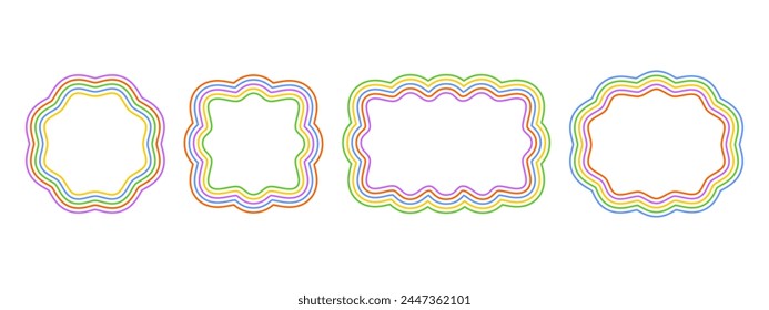 Satz von runden, quadratischen, rechteckigen und ovalen Rahmen mit wackligen Kanten. Bunte Formen mit welligen Rändern. Bild- oder Fotorahmen, leere Textfelder, Tags oder Labels Elemente. Grafik-Illustration der Vektorgrafik.