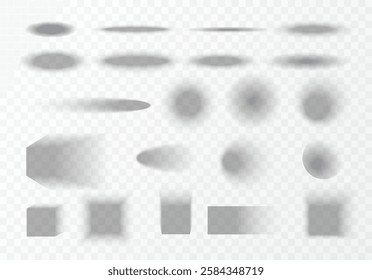 Set of round, square and rectangle shadow effects. Realistic overlay. Soft gray edges on isolated transparent background. Shadows falling from objects. Vector illustration.
