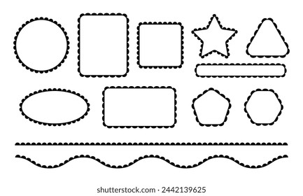 Set of round, square, rectangle, star, triangle and oval frames and borders with wavy edges. Collection of scalloped design elements isolated on white background. Vector graphic illustration.