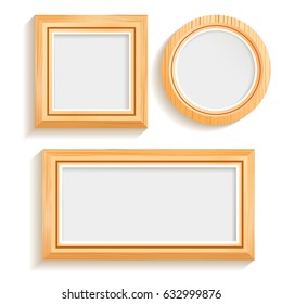 Set of round square and rectangular isolated wooden frames with shadows on blank background vector illustration