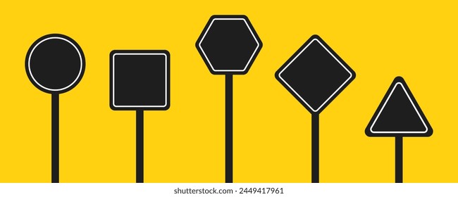 Set of round, square, rhombic, triangular and hexagonal black road signs. Vector illustration of icons for warning about the situation on the road. Yellow isolated background.