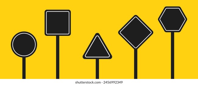 Set of round, square, rhombic, triangular and hexagonal black road signs. Vector illustration of icons for warning about the situation on the road. Yellow isolated background.