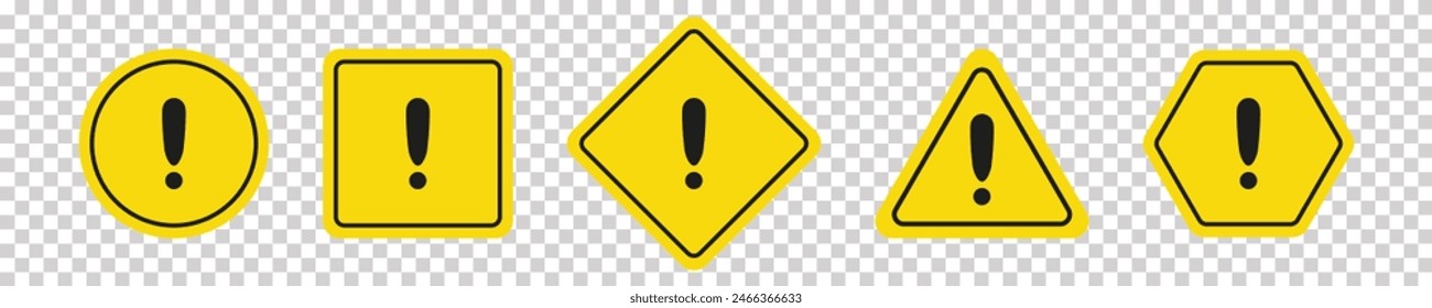 Conjunto de señales de carretera redondas, cuadradas, rómbicas, triangulares y hexagonales amarillas con signo de exclamación. Señal de precaución. Iconos vectoriales para advertir sobre la situación en la carretera. Fondo aislado blanco