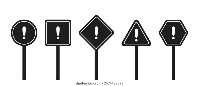 Set of round, square, rhombic, triangular and hexagonal black road signs with exclamation point. Caution sign. Vector icons for warning about the situation on the road. White isolated background