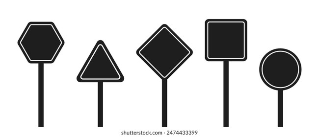 Set of round, square, rhombic, triangular and hexagonal black road signs. Vector illustration of icons for warning about the situation on the road. White isolated background.
